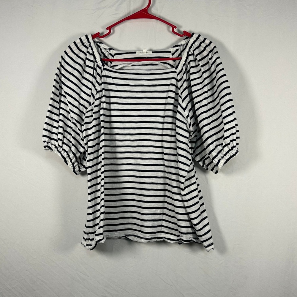 Maurices Blouse Womens Large White Black Striped Puff Sleeve Square Neck Top